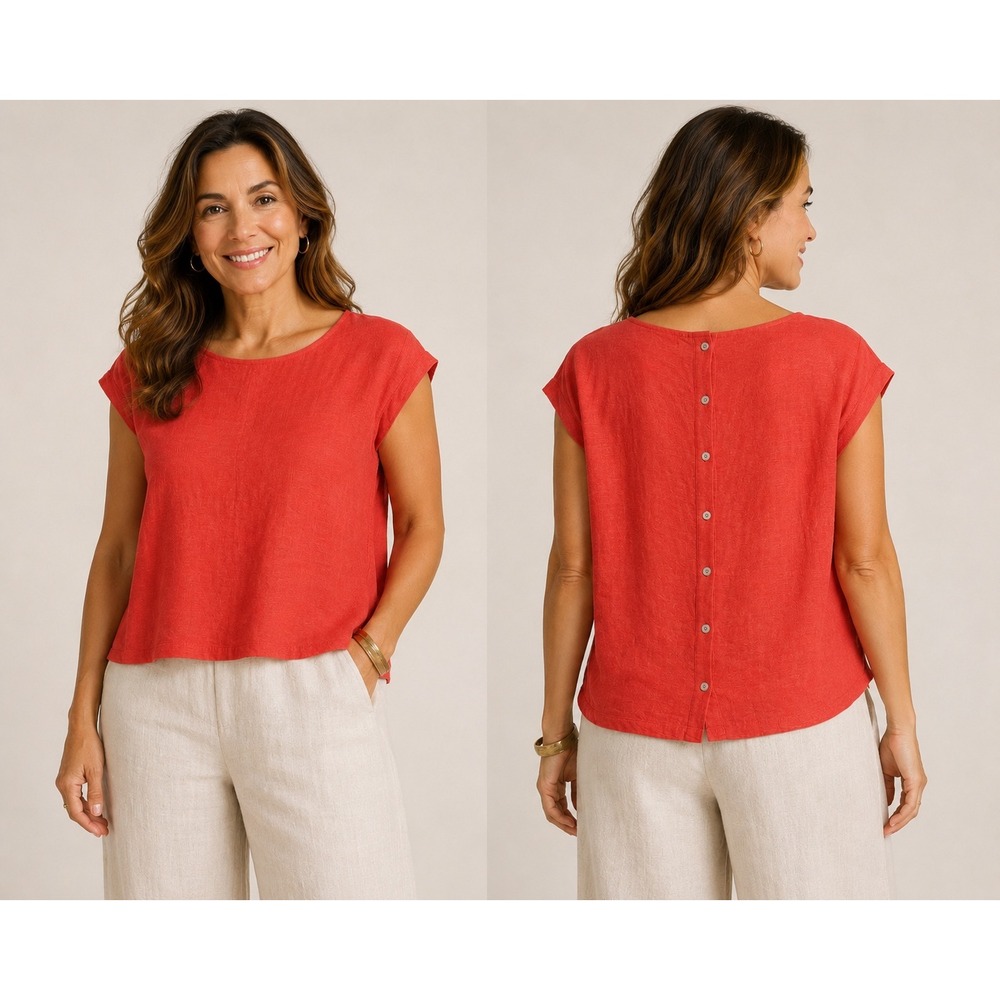 Tahari Women M Coral Orange 100% Linen Button Back Sleeveless Top Minimalist